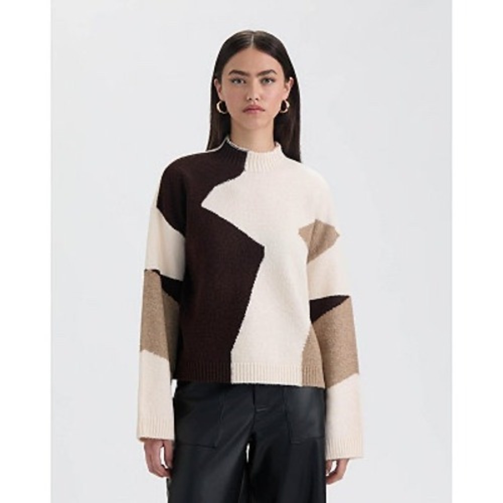 NVLT Womens Geometric Colorblock Mock Neck Sweater Brown Cream Tan Size Large